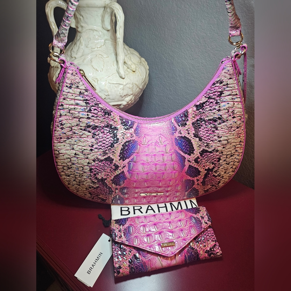 Brahmin Pink Cobra Bekka Shoulder Bag & Veronica Wallet Set NWT